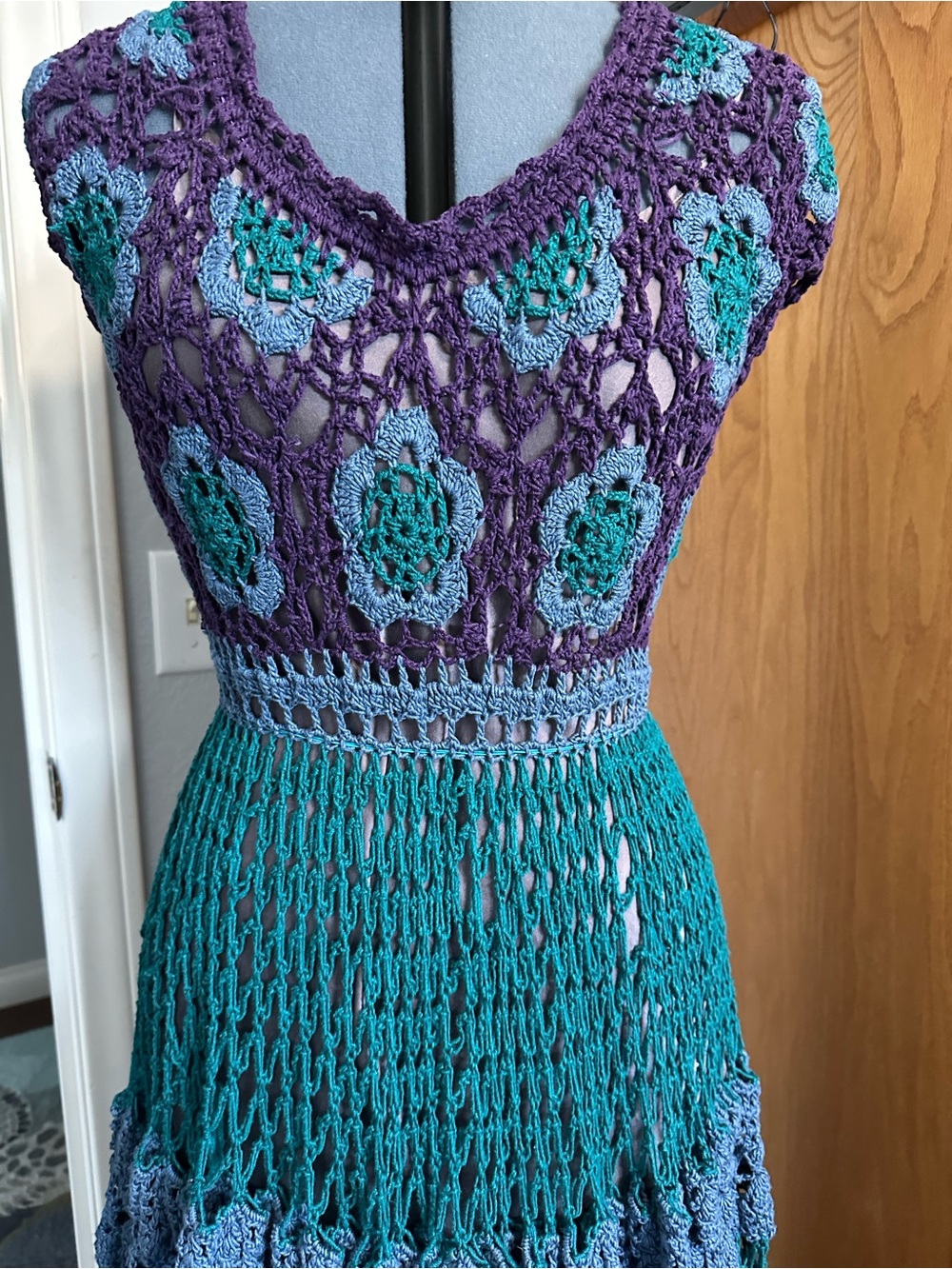Handmade Crochet Teal, Blue & Purple Maxi Dress. - Picture 3 of 5